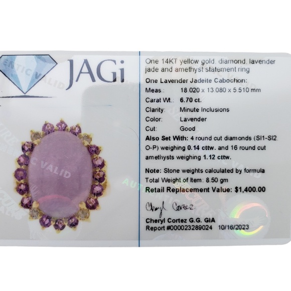 14K YG Jade, Amethyst & Diamond Ring Size 8 JAGi Certified #15762 - Picture 8 of 8